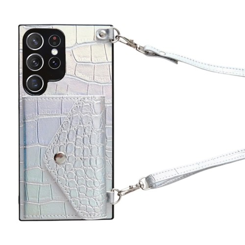 

For Samsung Galaxy S21 Ultra 5G Crocodile Texture Lanyard Card Slot Phone Case(Silver)