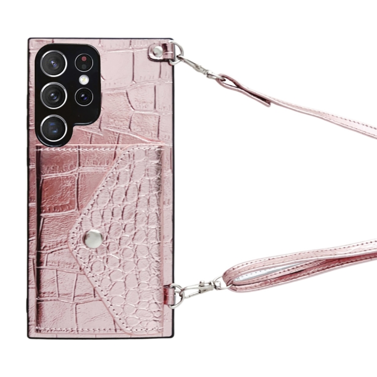 

For Samsung Galaxy S21 Ultra 5G Crocodile Texture Lanyard Card Slot Phone Case(Rose Gold)