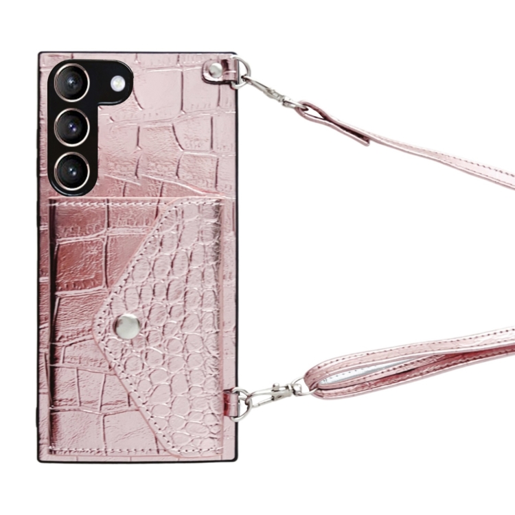 

For Samsung Galaxy S21+ 5G Crocodile Texture Lanyard Card Slot Phone Case(Rose Gold)
