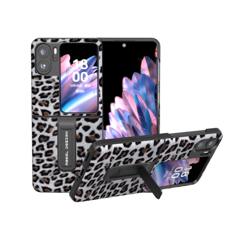 

For OPPO Find N2 Flip Black Edge Leopard Phone Case with Holder(Silver)