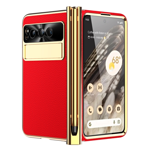 

For Google Pixel Fold Litchi Pattern Electroplating Pen Slot Folding Phone Case with Stylus(Red)