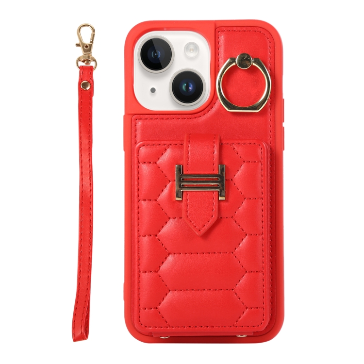 

For iPhone 14 Vertical Card Bag Ring Holder Phone Case with Dual Lanyard(Red)