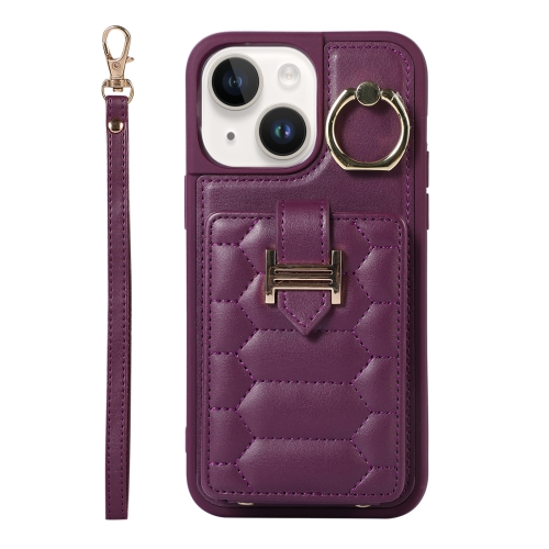 

For iPhone 14 Plus Vertical Card Bag Ring Holder Phone Case with Dual Lanyard(Dark Purple)