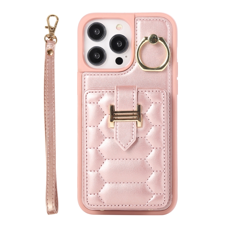 

For iPhone 14 Pro Vertical Card Bag Ring Holder Phone Case with Dual Lanyard(Rose Gold)