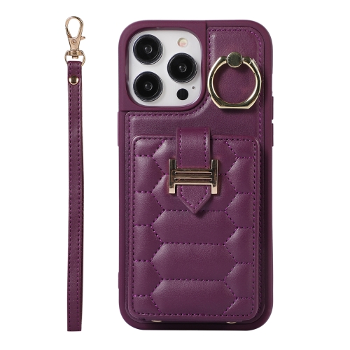 

For iPhone 14 Pro Max Vertical Card Bag Ring Holder Phone Case with Dual Lanyard(Dark Purple)