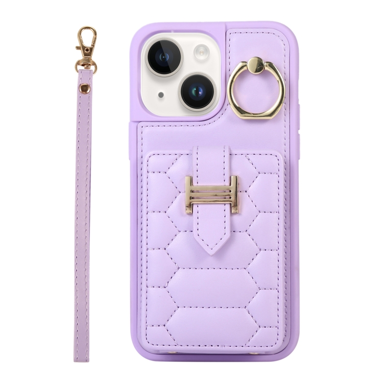 

For iPhone 13 Vertical Card Bag Ring Holder Phone Case with Dual Lanyard(Purple)