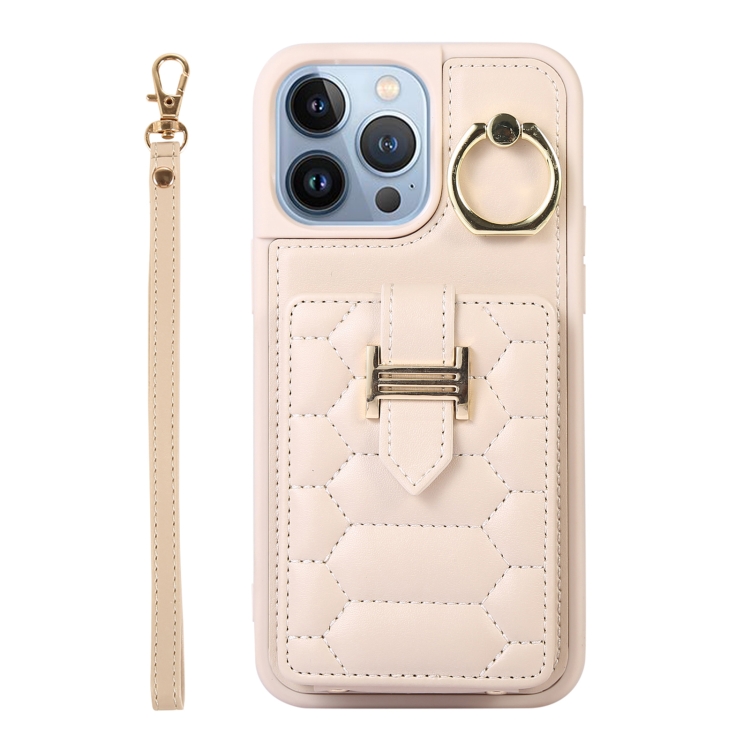 

For iPhone 13 Pro Vertical Card Bag Ring Holder Phone Case with Dual Lanyard(Beige)