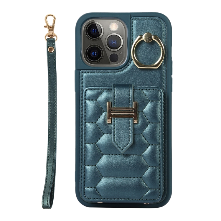 

For iPhone 12 Pro Vertical Card Bag Ring Holder Phone Case with Dual Lanyard(Dark Green)