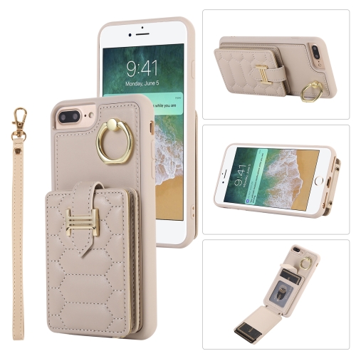 

For iPhone 8 Plus / 7 Plus Vertical Card Bag Ring Holder Phone Case with Dual Lanyard(Beige)