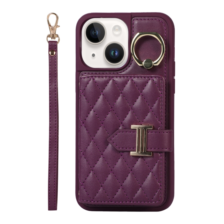 

For iPhone 14 Horizontal Card Bag Ring Holder Phone Case with Dual Lanyard(Dark Purple)