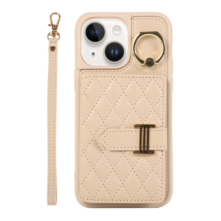 

For iPhone 14 Horizontal Card Bag Ring Holder Phone Case with Dual Lanyard(Beige)