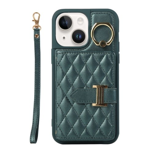 

For iPhone 14 Horizontal Card Bag Ring Holder Phone Case with Dual Lanyard(Dark Green)