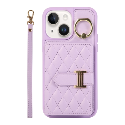 

For iPhone 14 Horizontal Card Bag Ring Holder Phone Case with Dual Lanyard(Purple)