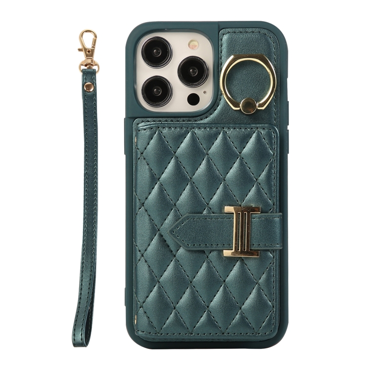 

For iPhone 14 Pro Horizontal Card Bag Ring Holder Phone Case with Dual Lanyard(Dark Green)