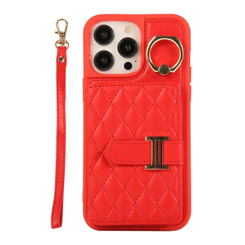 

For iPhone 14 Pro Horizontal Card Bag Ring Holder Phone Case with Dual Lanyard(Red)