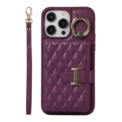 

For iPhone 14 Pro Max Horizontal Card Bag Ring Holder Phone Case with Dual Lanyard(Dark Purple)