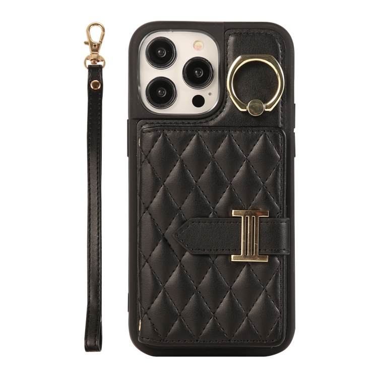

For iPhone 14 Pro Max Horizontal Card Bag Ring Holder Phone Case with Dual Lanyard(Black)