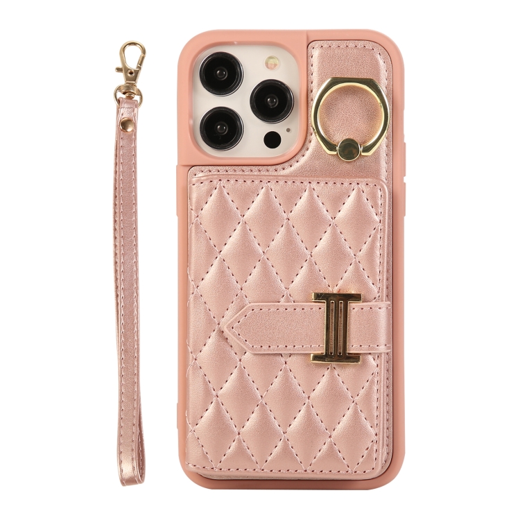 

For iPhone 14 Pro Max Horizontal Card Bag Ring Holder Phone Case with Dual Lanyard(Rose Gold)