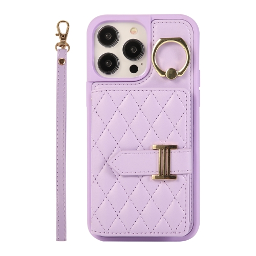 

For iPhone 14 Pro Max Horizontal Card Bag Ring Holder Phone Case with Dual Lanyard(Purple)