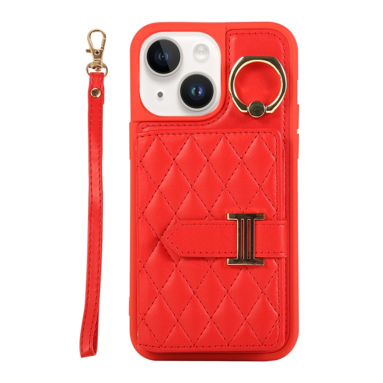 

For iPhone 13 Horizontal Card Bag Ring Holder Phone Case with Dual Lanyard(Red)