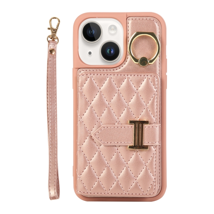 

For iPhone 13 Horizontal Card Bag Ring Holder Phone Case with Dual Lanyard(Rose Gold)
