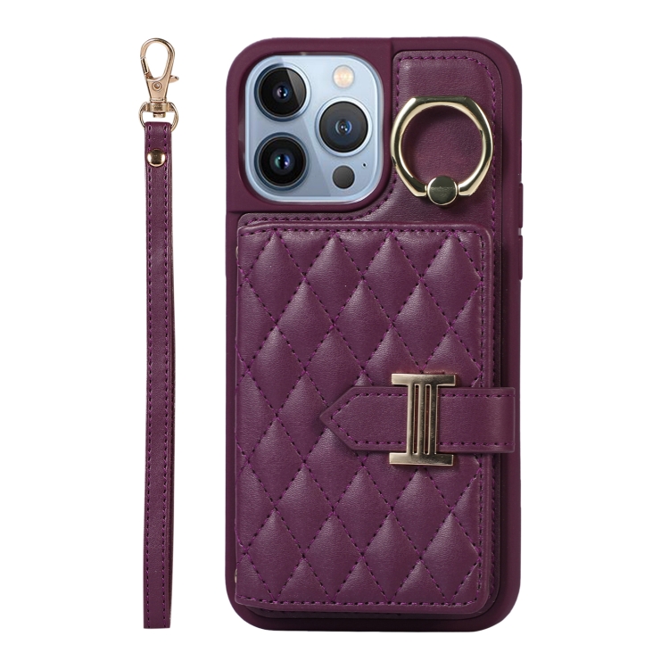 

For iPhone 13 Pro Max Horizontal Card Bag Ring Holder Phone Case with Dual Lanyard(Dark Purple)