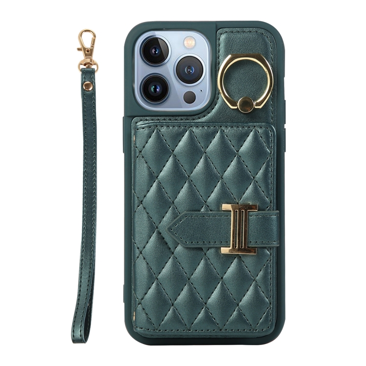 

For iPhone 13 Pro Max Horizontal Card Bag Ring Holder Phone Case with Dual Lanyard(Dark Green)