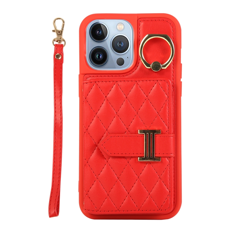 

For iPhone 13 Pro Max Horizontal Card Bag Ring Holder Phone Case with Dual Lanyard(Red)