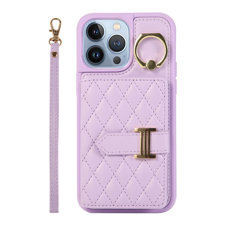 

For iPhone 13 Pro Max Horizontal Card Bag Ring Holder Phone Case with Dual Lanyard(Purple)