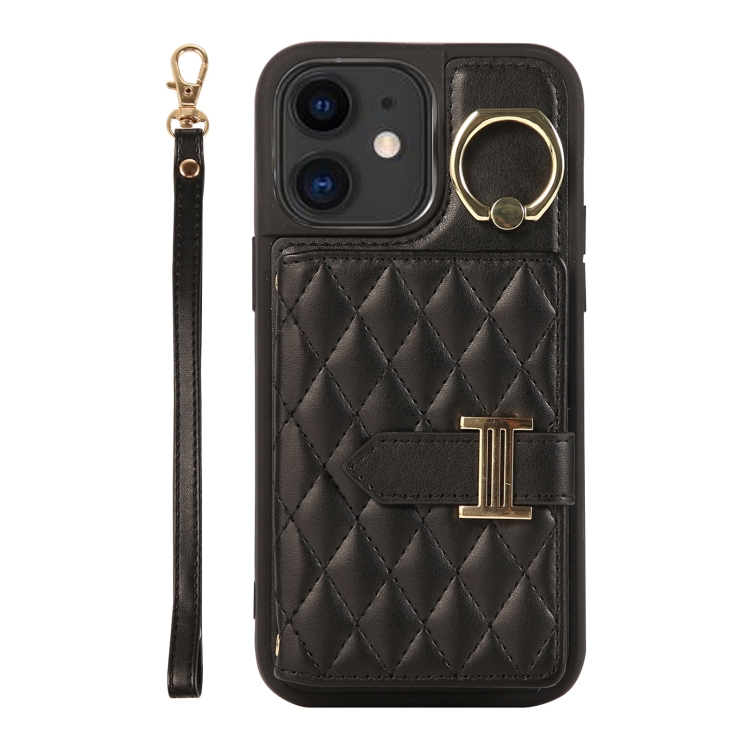 

For iPhone 12 Horizontal Card Bag Ring Holder Phone Case with Dual Lanyard(Black)