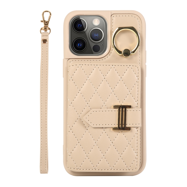 

For iPhone 12 Pro Horizontal Card Bag Ring Holder Phone Case with Dual Lanyard(Beige)