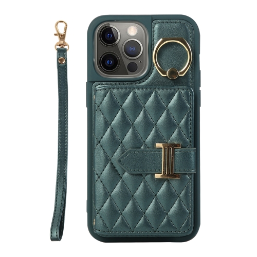 

For iPhone 12 Pro Horizontal Card Bag Ring Holder Phone Case with Dual Lanyard(Dark Green)