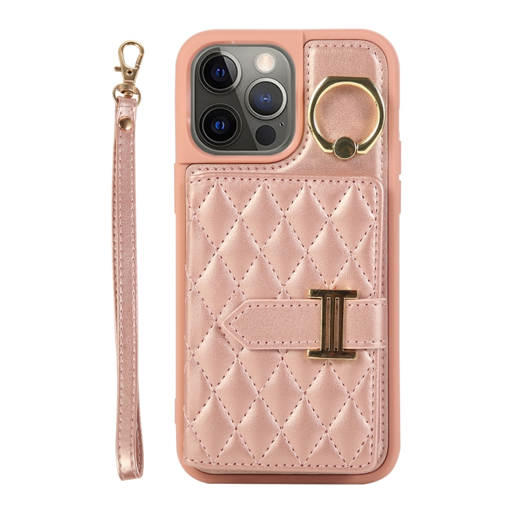 

For iPhone 12 Pro Horizontal Card Bag Ring Holder Phone Case with Dual Lanyard(Rose Gold)