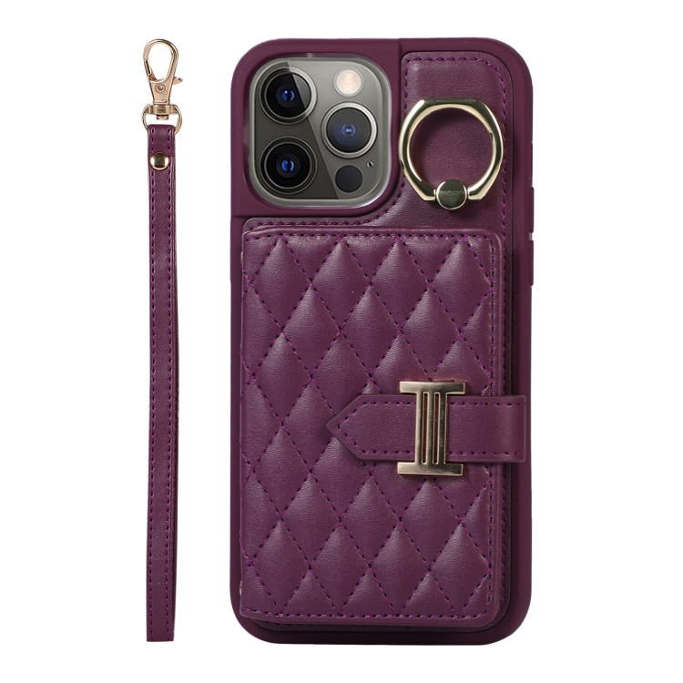 

For iPhone 12 Pro Max Horizontal Card Bag Ring Holder Phone Case with Dual Lanyard(Dark Purple)
