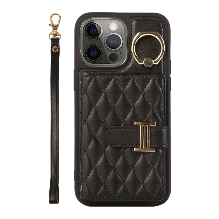 

For iPhone 12 Pro Max Horizontal Card Bag Ring Holder Phone Case with Dual Lanyard(Black)