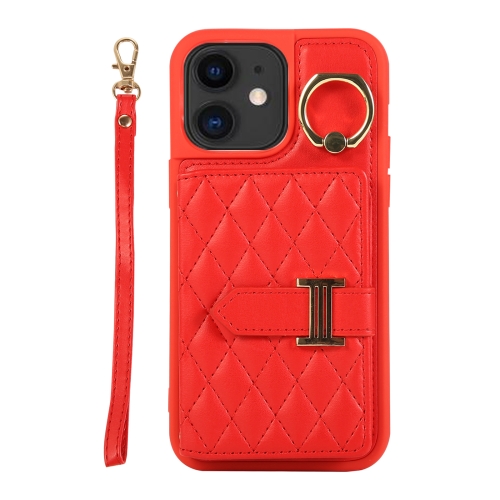 

For iPhone 11 Horizontal Card Bag Ring Holder Phone Case with Dual Lanyard(Red)