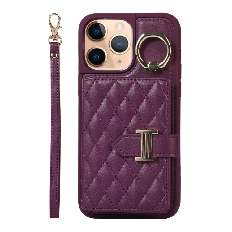

For iPhone 11 Pro Horizontal Card Bag Ring Holder Phone Case with Dual Lanyard(Dark Purple)