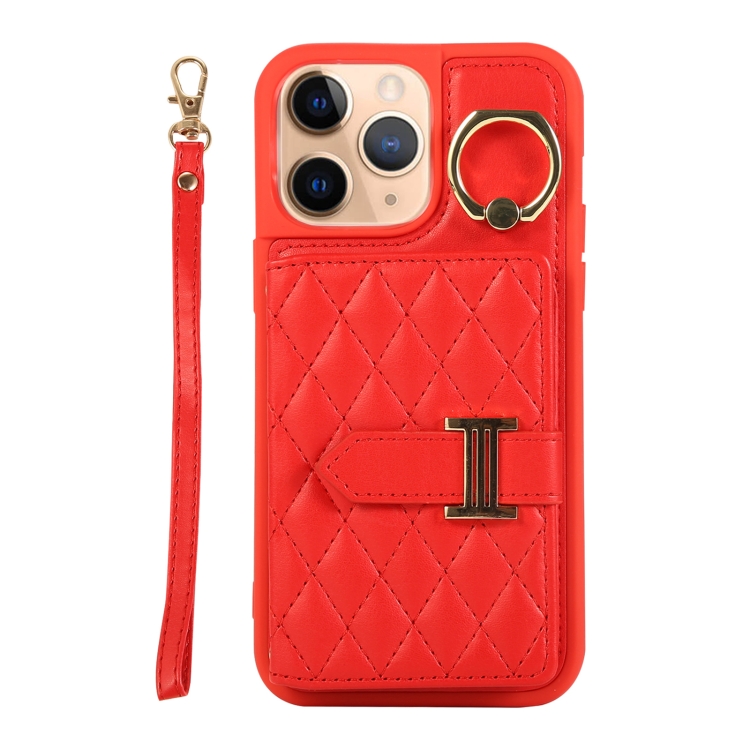 

For iPhone 11 Pro Horizontal Card Bag Ring Holder Phone Case with Dual Lanyard(Red)