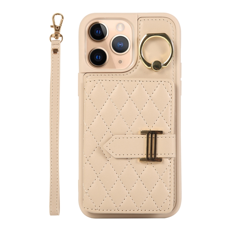 

For iPhone 11 Pro Max Horizontal Card Bag Ring Holder Phone Case with Dual Lanyard(Beige)