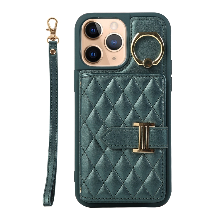 

For iPhone 11 Pro Max Horizontal Card Bag Ring Holder Phone Case with Dual Lanyard(Dark Green)