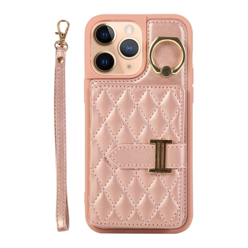 

For iPhone 11 Pro Max Horizontal Card Bag Ring Holder Phone Case with Dual Lanyard(Rose Gold)