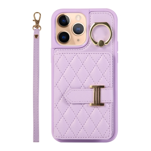 

For iPhone 11 Pro Max Horizontal Card Bag Ring Holder Phone Case with Dual Lanyard(Purple)