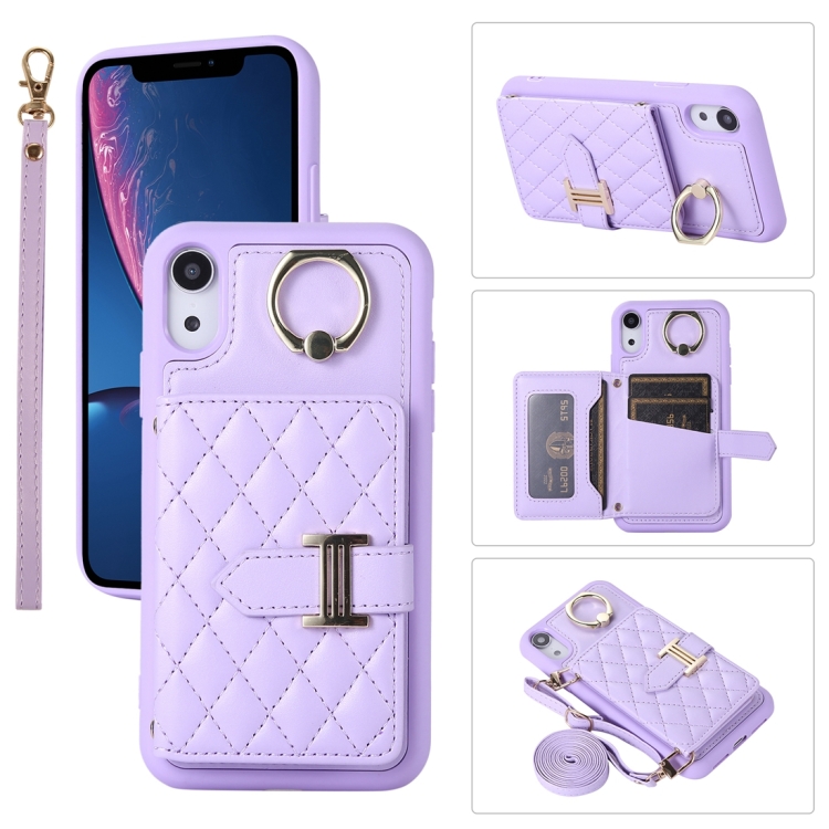 

For iPhone XR Horizontal Card Bag Ring Holder Phone Case with Dual Lanyard(Dark Purple)