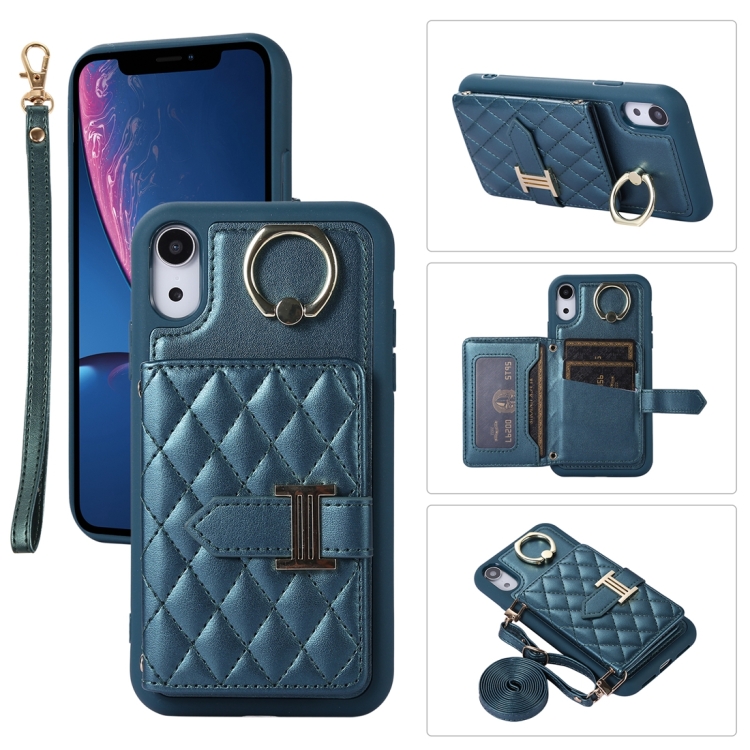 

For iPhone XR Horizontal Card Bag Ring Holder Phone Case with Dual Lanyard(Dark Green)