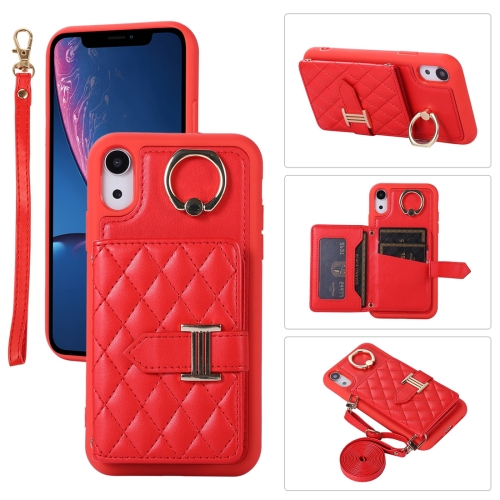 

For iPhone XR Horizontal Card Bag Ring Holder Phone Case with Dual Lanyard(Red)