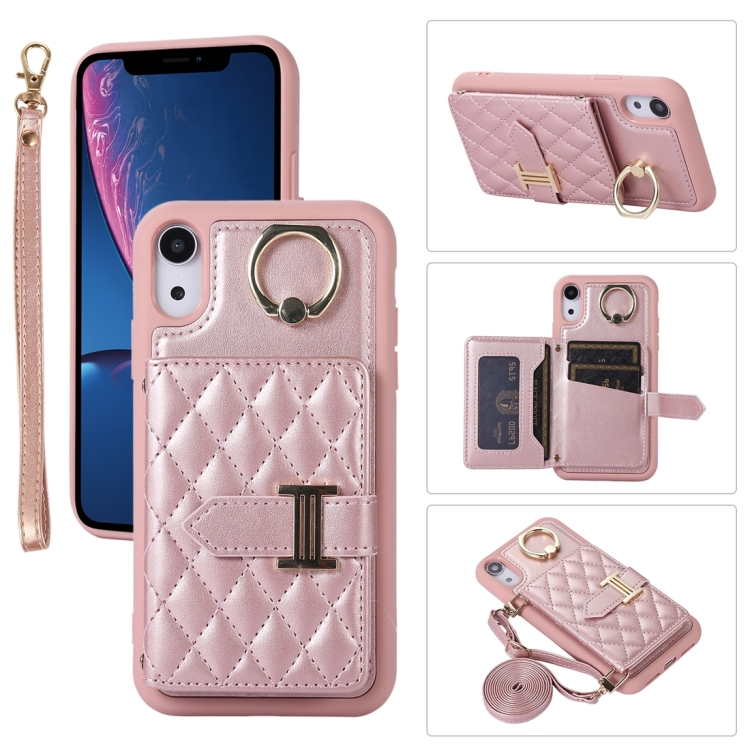

For iPhone XR Horizontal Card Bag Ring Holder Phone Case with Dual Lanyard(Rose Gold)