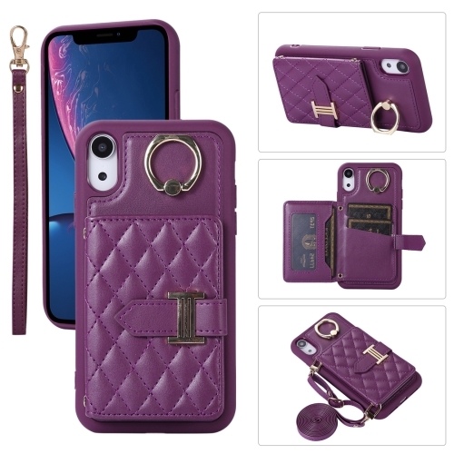 

For iPhone XR Horizontal Card Bag Ring Holder Phone Case with Dual Lanyard(Purple)