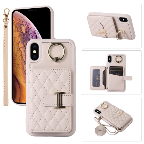 

For iPhone XS Max Horizontal Card Bag Ring Holder Phone Case with Dual Lanyard(Beige)