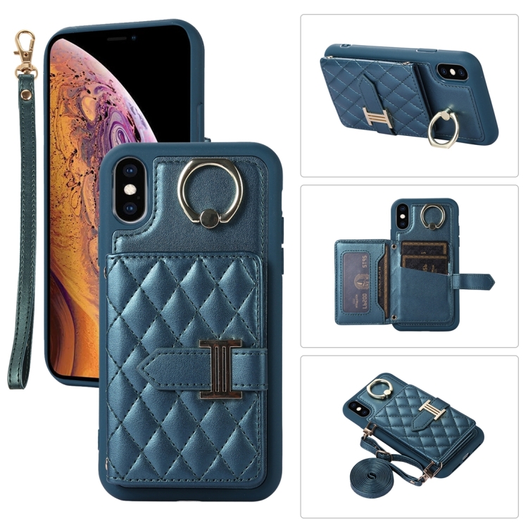 

For iPhone XS Max Horizontal Card Bag Ring Holder Phone Case with Dual Lanyard(Dark Green)