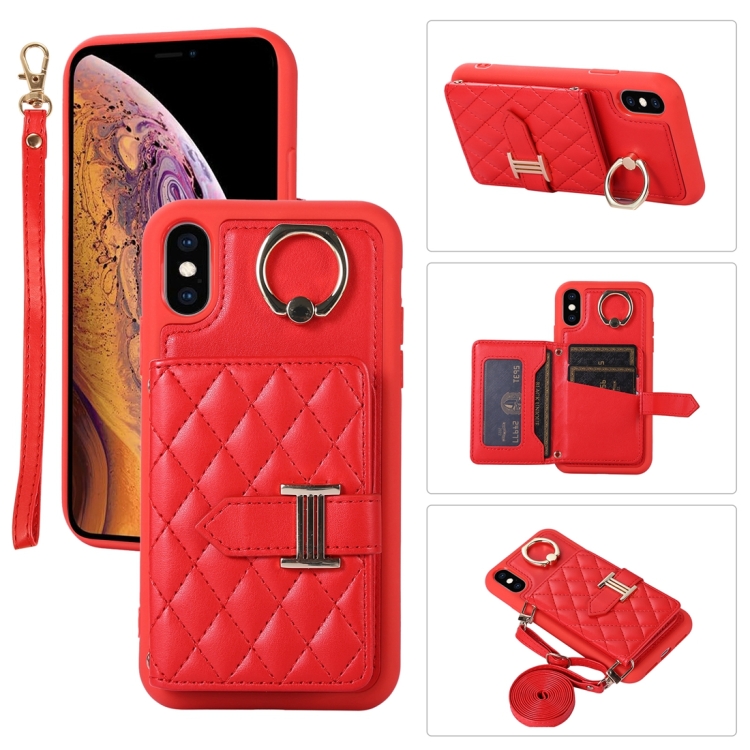 

For iPhone XS Max Horizontal Card Bag Ring Holder Phone Case with Dual Lanyard(Red)